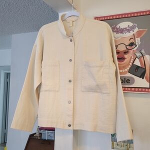 Eileen Fisher Organic Cotton Mandarin Collar Shirt Snap Jacket Cream S / M